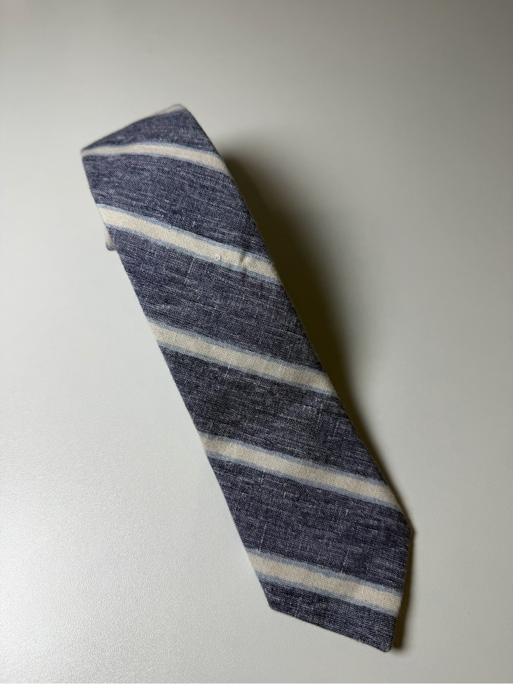 J. Crew Hand Made in USA 100% Linen Navy and White Striped Linen Slim Tie